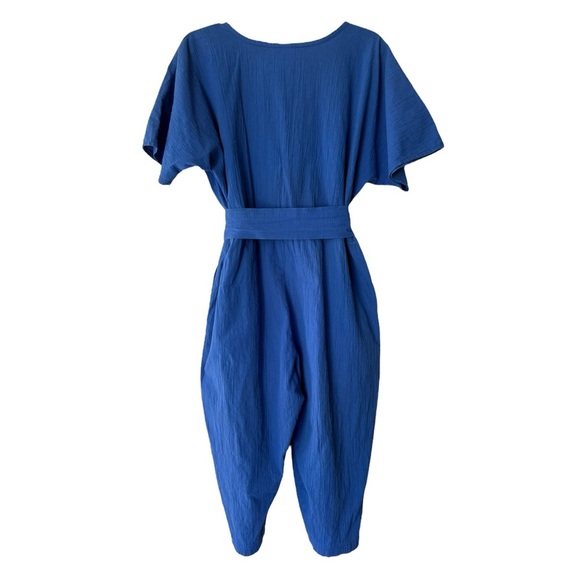 Vtg 90s Button Front Belted Jumpsuit Sz 16 18 Royal Blue Capri Crop Short Sleeve - Picture 2 of 9